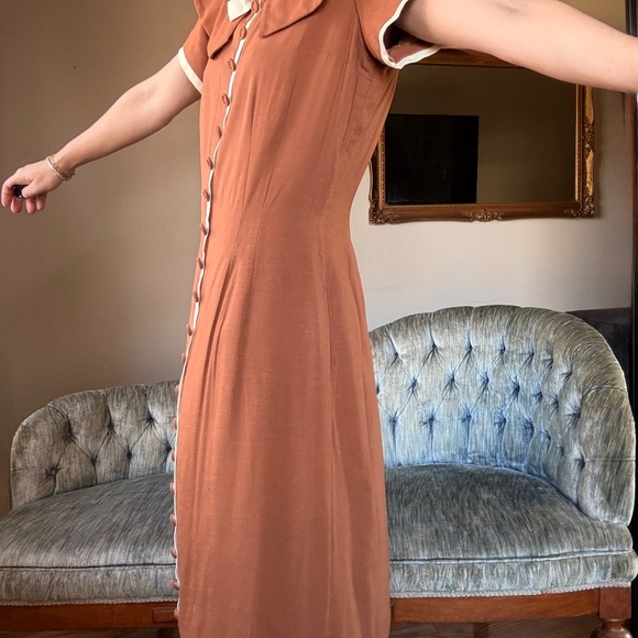 1940s brown linen a line midi dress decorative button front vintage medium - Picture 4 of 13